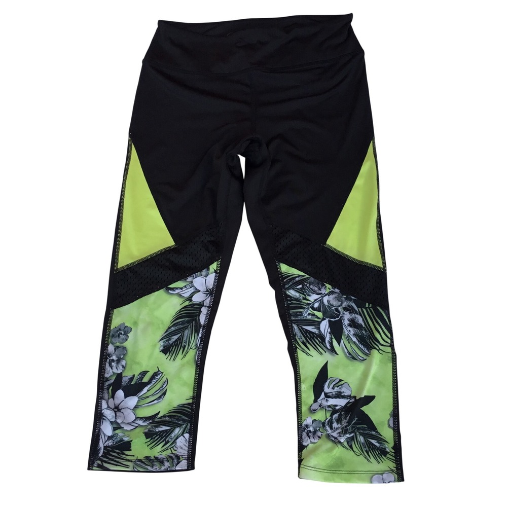 Jessica Simpson The Warm Up Leggings L Black Neon Yellow Floral Mesh Crop Tights
